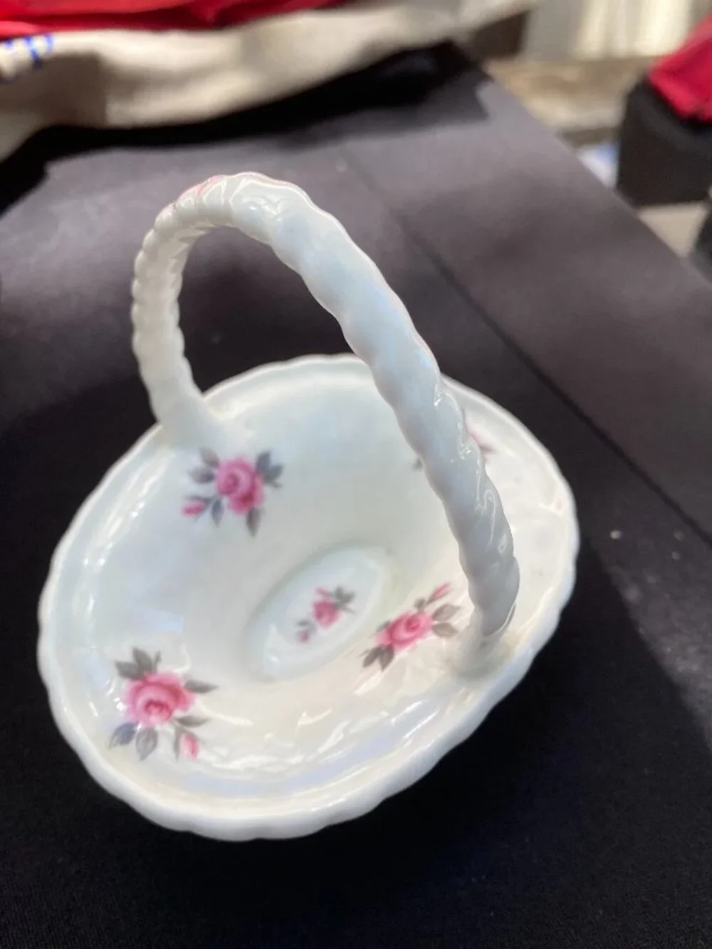 Vintage Gainsborough Bone China Basket Dish Pink Roses Twisted Handle H976 Made